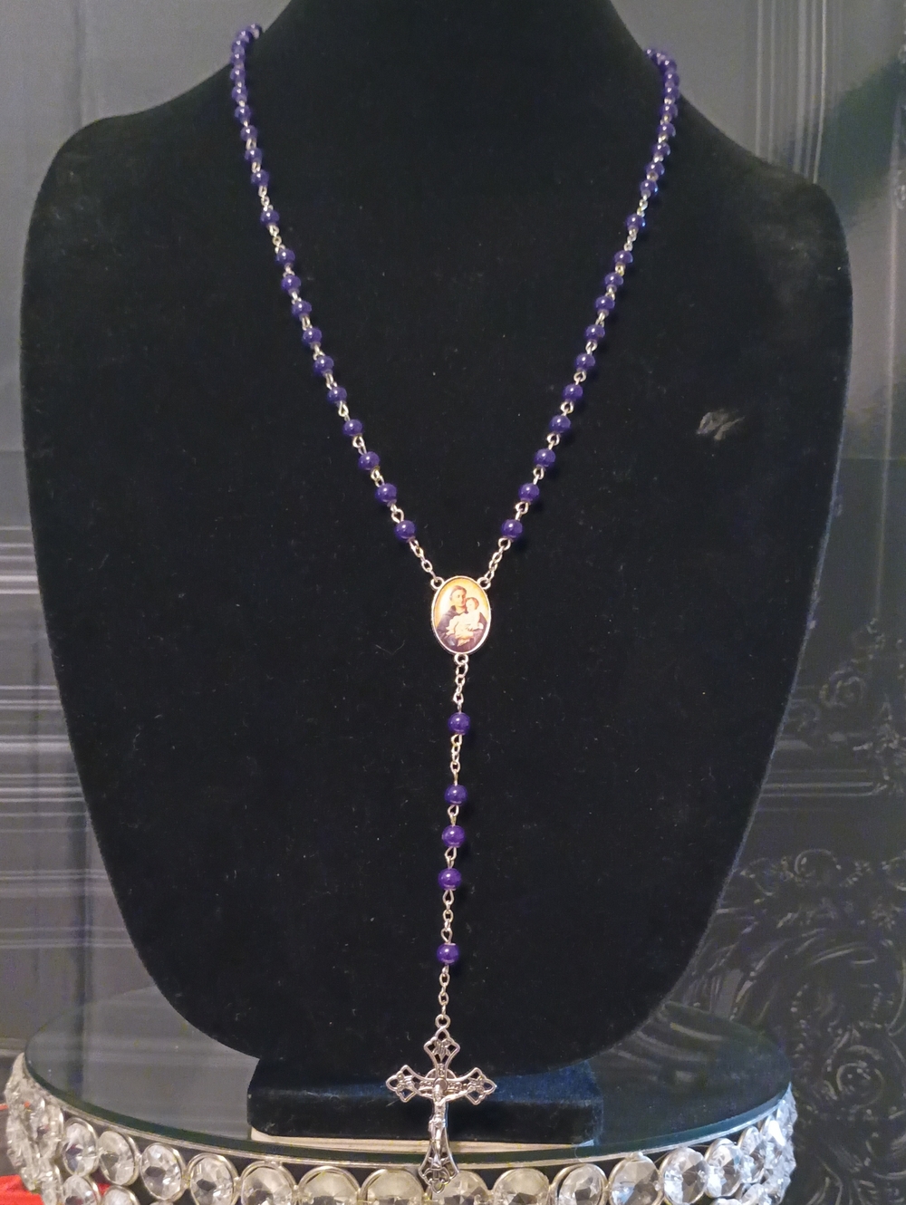 Purple Bead Rosary Necklace with Religious Medal and Cross